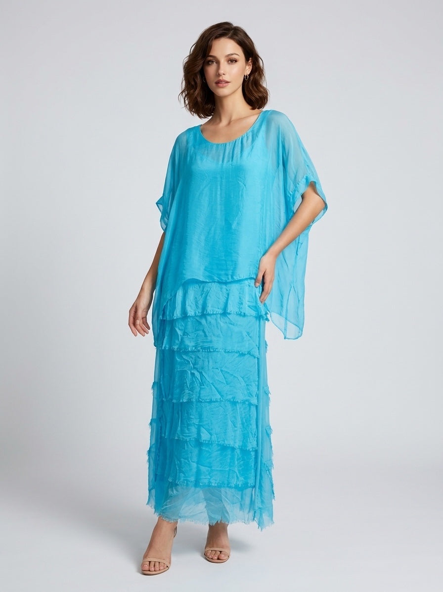 Tiered Maxi Skirt with Raw Hem - Aqua