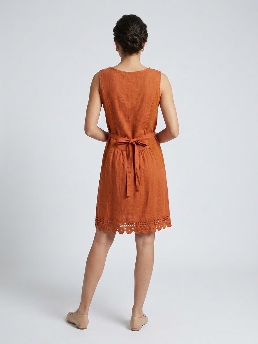Linen Dress with Crochet & Pearl Embellishments - Rust (2)