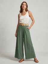 Linen Blend Wide Leg Trousers - Khaki