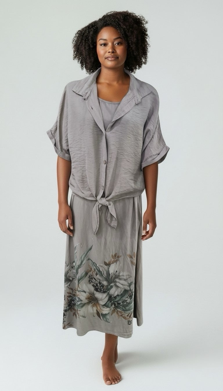 Printed Tie-Front Midi Dress - Mocha