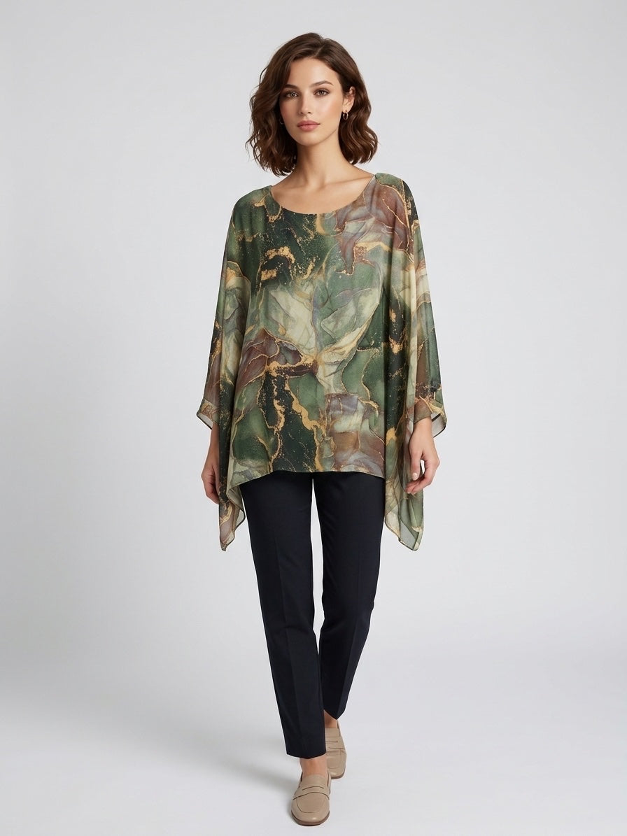 Marbled Print Chiffon Tunic - Khaki