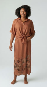 Printed Tie-Front Midi Dress - Rust