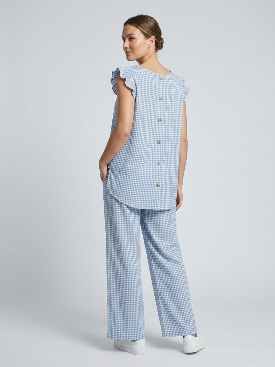 Gingham Ruffled Sleeve Set - Blue (2)