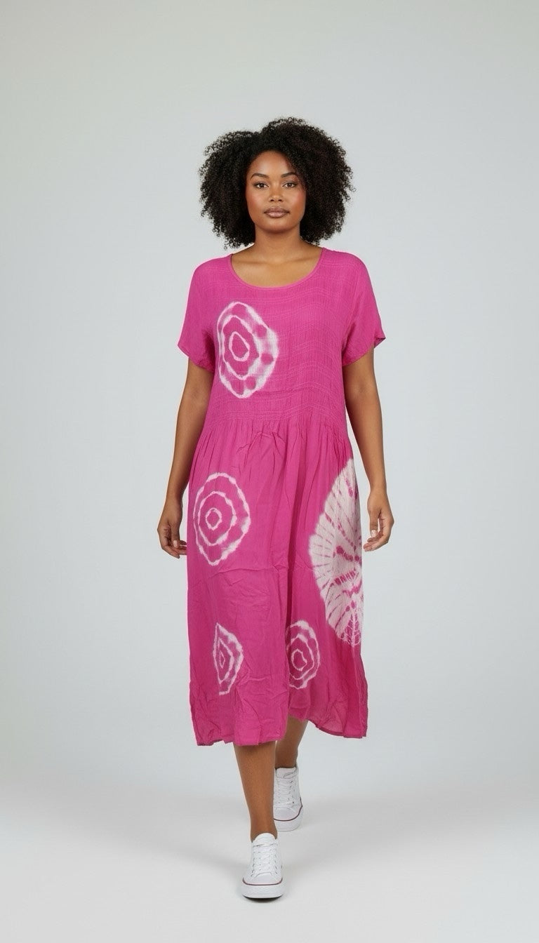 Smocked Bodice Midi Dress - Fuschia