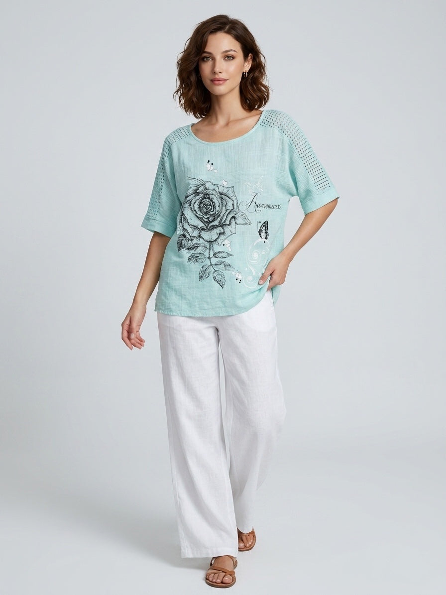 Rose Print Laser Cut Top - Mint