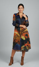 Artistic Print Midi Shirt Dress - Rust101d