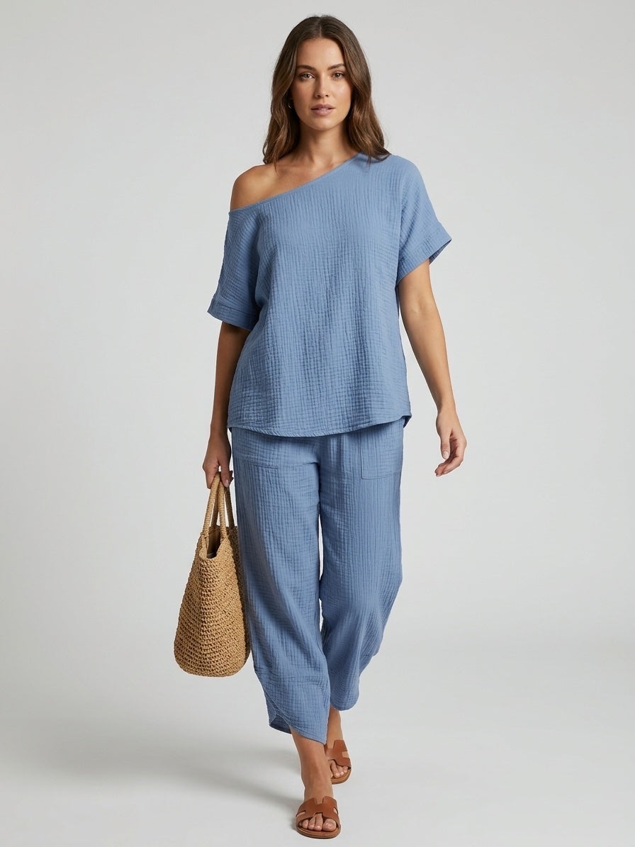 Textured Gauze Off-Shoulder Top and Cropped Pants Set - Denim