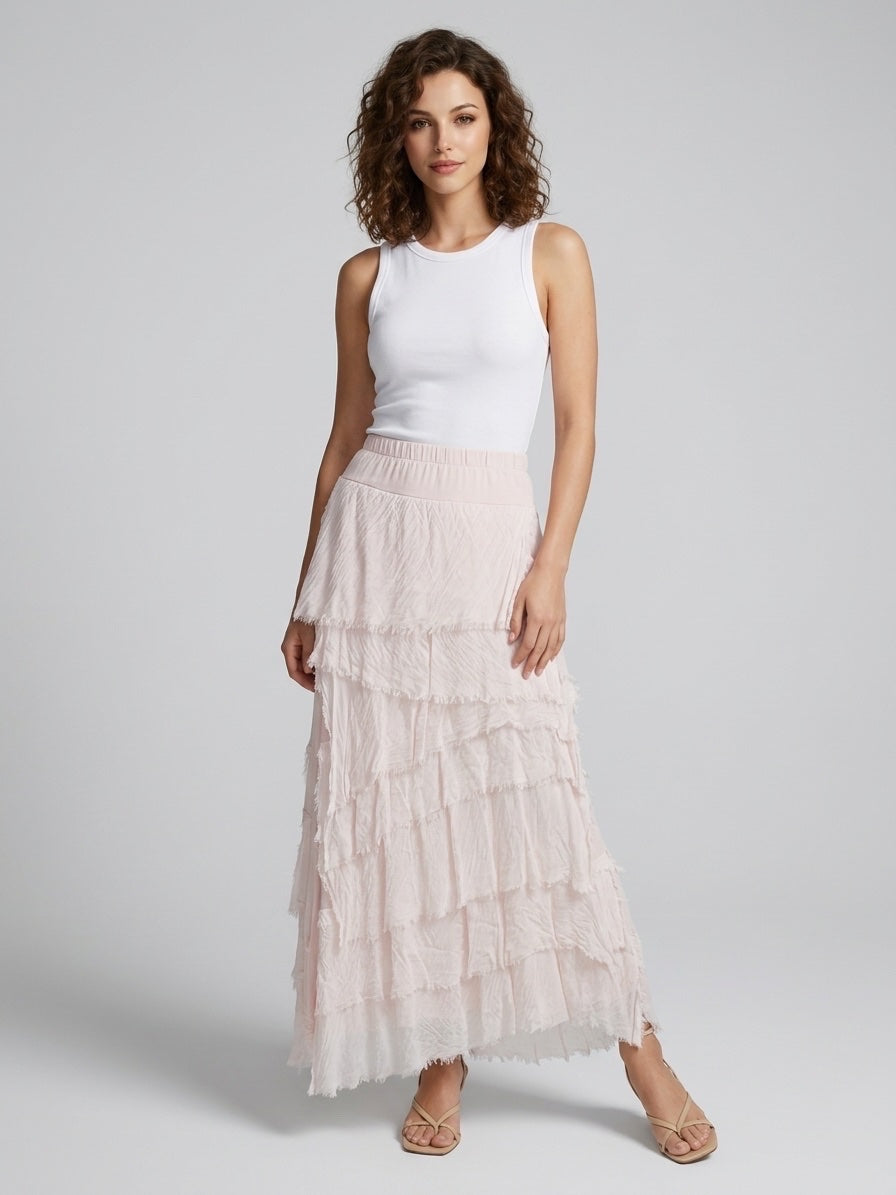 Tiered Maxi Skirt with Frayed Hem - Soft Pink