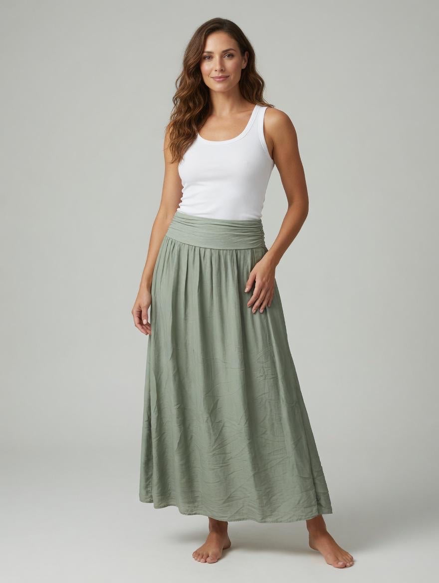 Smocked Waist Maxi Skirt - Light Khaki