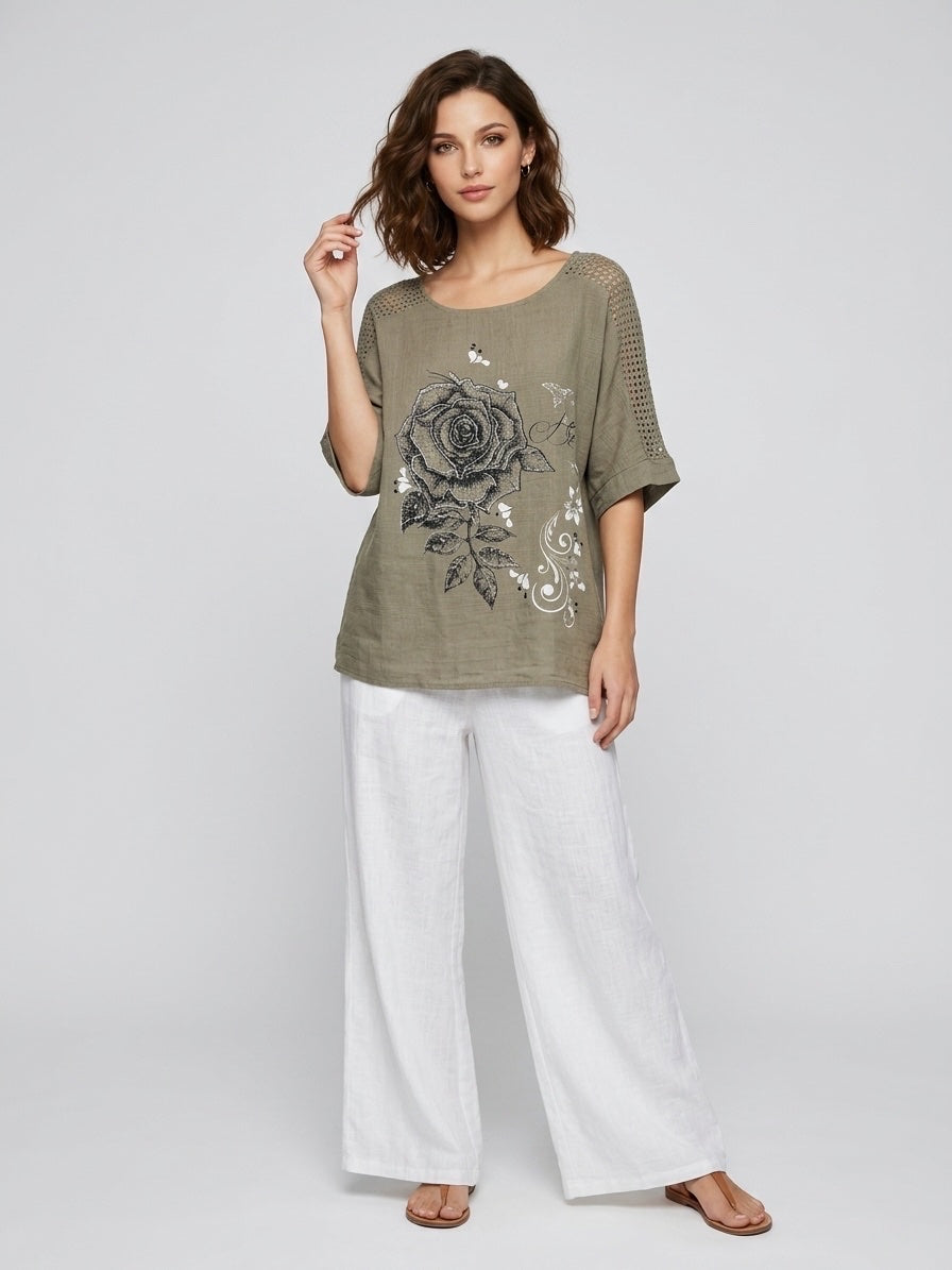 Rose Print Laser Cut Top - Mocha