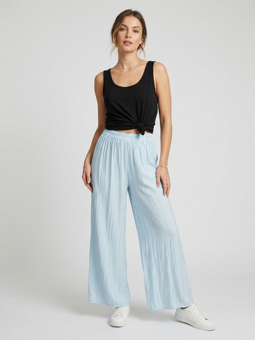 Crinkled Wide Leg Trousers - Sky Bkue