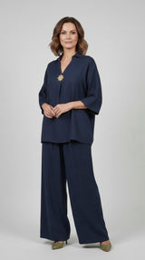 Wide-Leg Trouser Set with Embellished Collared Top - Navy