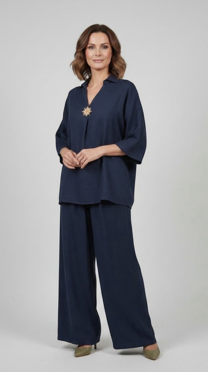 Wide-Leg Trouser Set with Embellished Collared Top - Navy