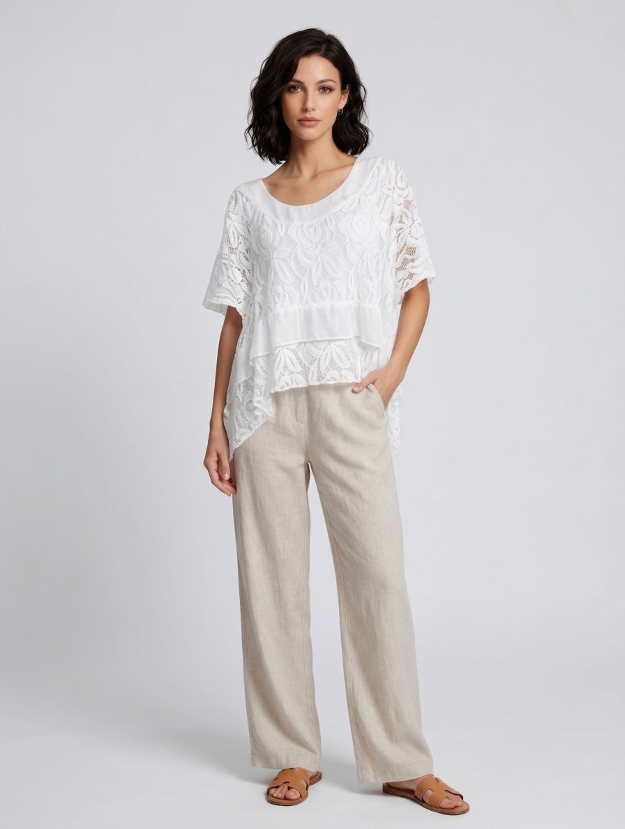 Embroidered Lace Tiered Top - White
