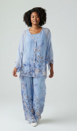 Floral Print Silk Set - Sky Blue