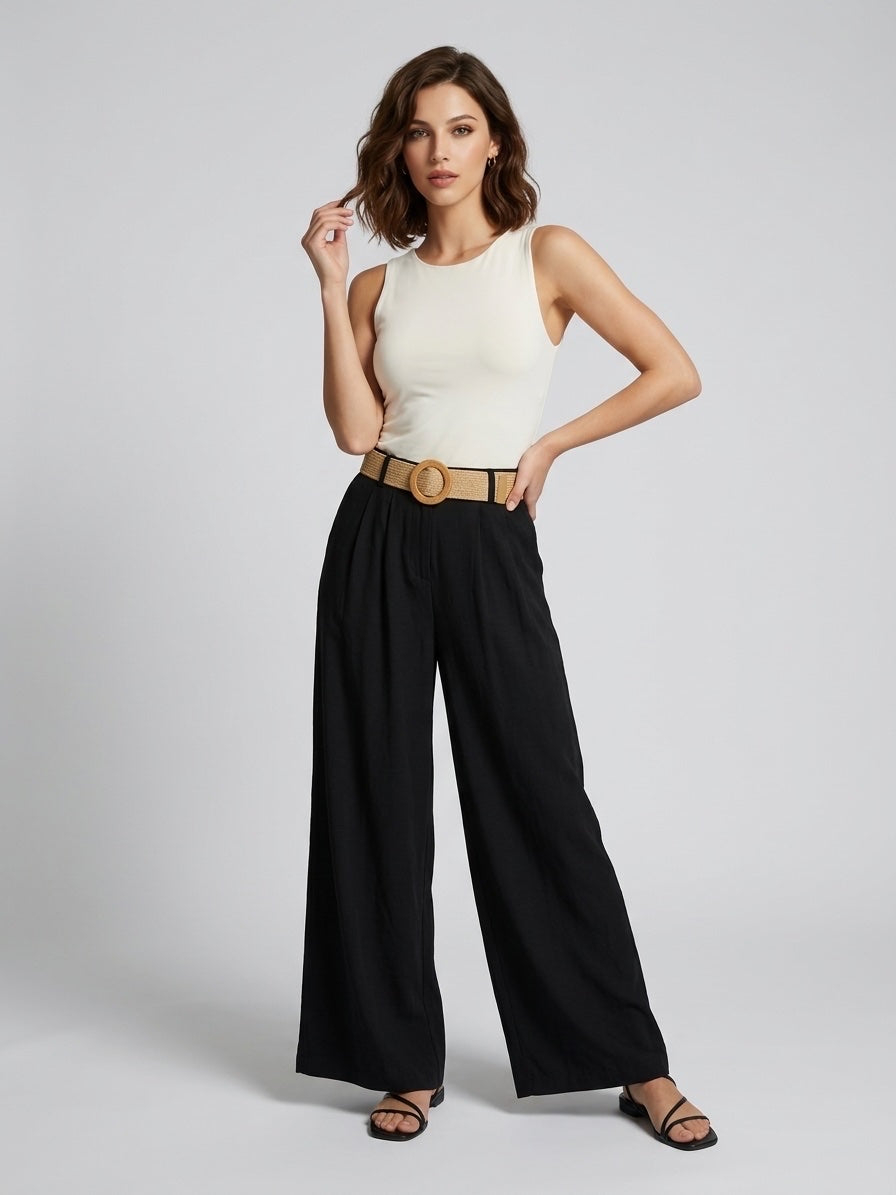 Linen Blend Wide Leg Trousers - Black