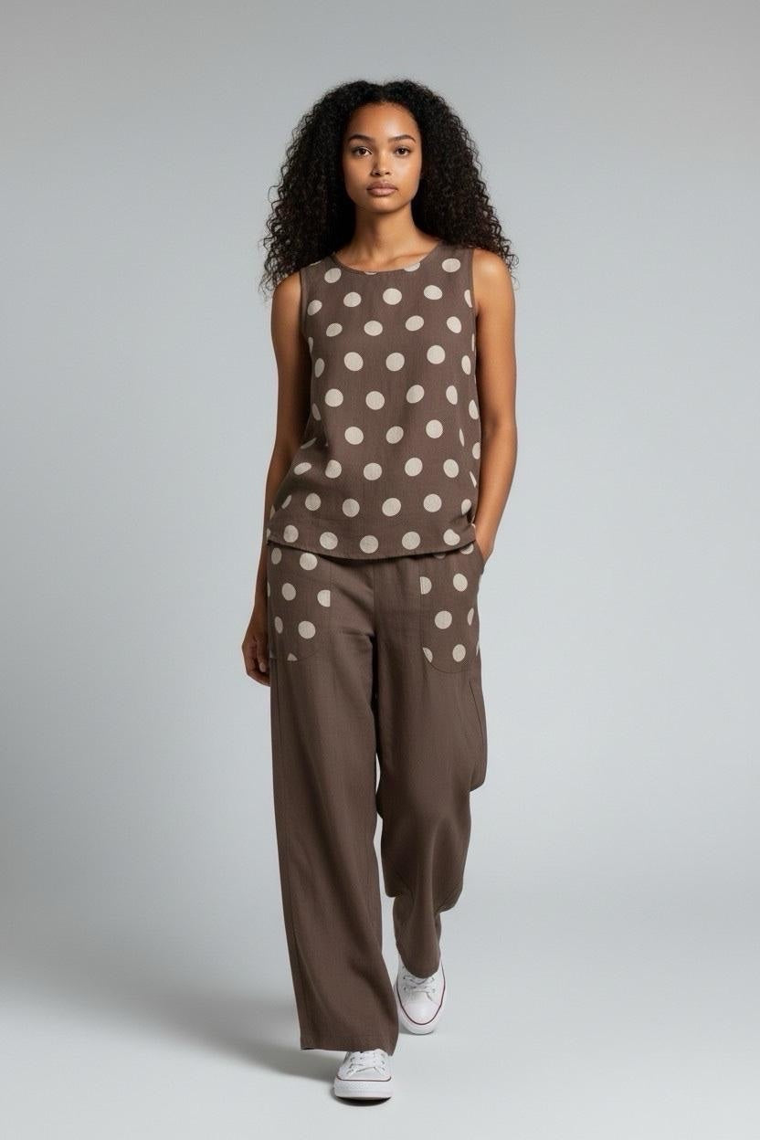 Polka Dot Sleeveless Top and Wide Leg Trouser Set - Brown
