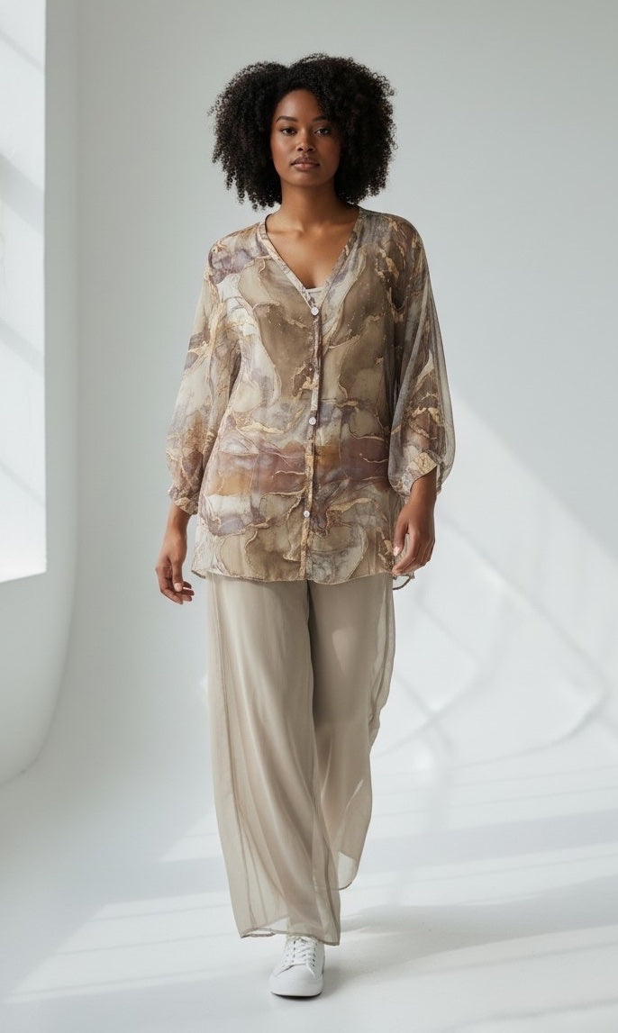 Marble Print Oversized Shirt - Beige