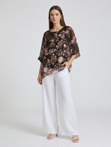 Floral Print Sheer Kaftan Top - Brown