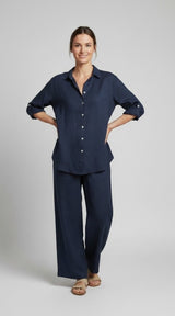 Relaxed Linen Blend Shirt and Trouser Set - Navy