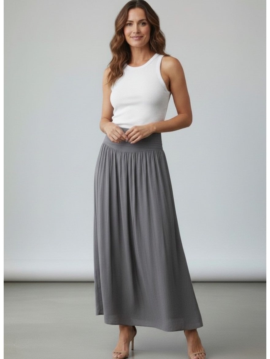 Smocked Waist Maxi Skirt - Grey