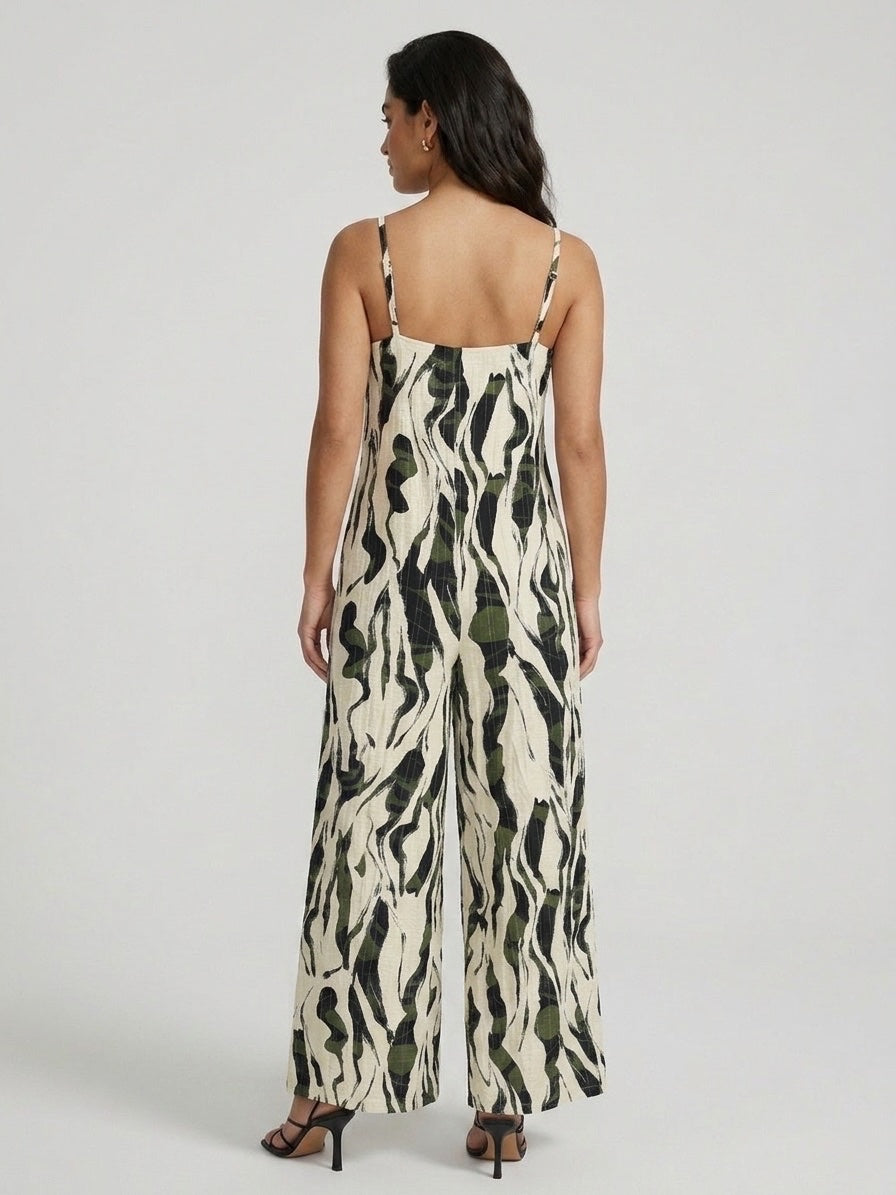 Abstract Print Wide-Leg Jumpsuit - Khaki (2)