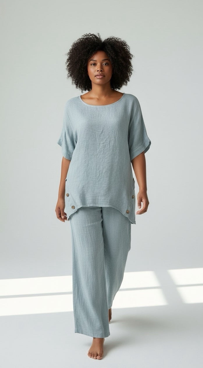 Linen Button Detail Set - Mint