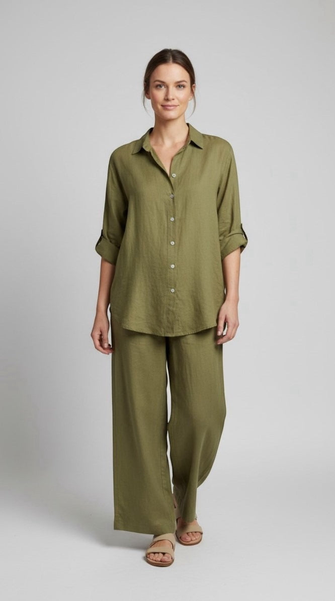 Relaxed Linen Blend Shirt and Trouser Set - Green