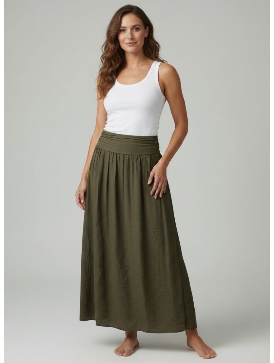 Smocked Waist Maxi Skirt - Dark Khaki