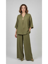 Wide-Leg Trouser Set with Embellished Collared Top - Green