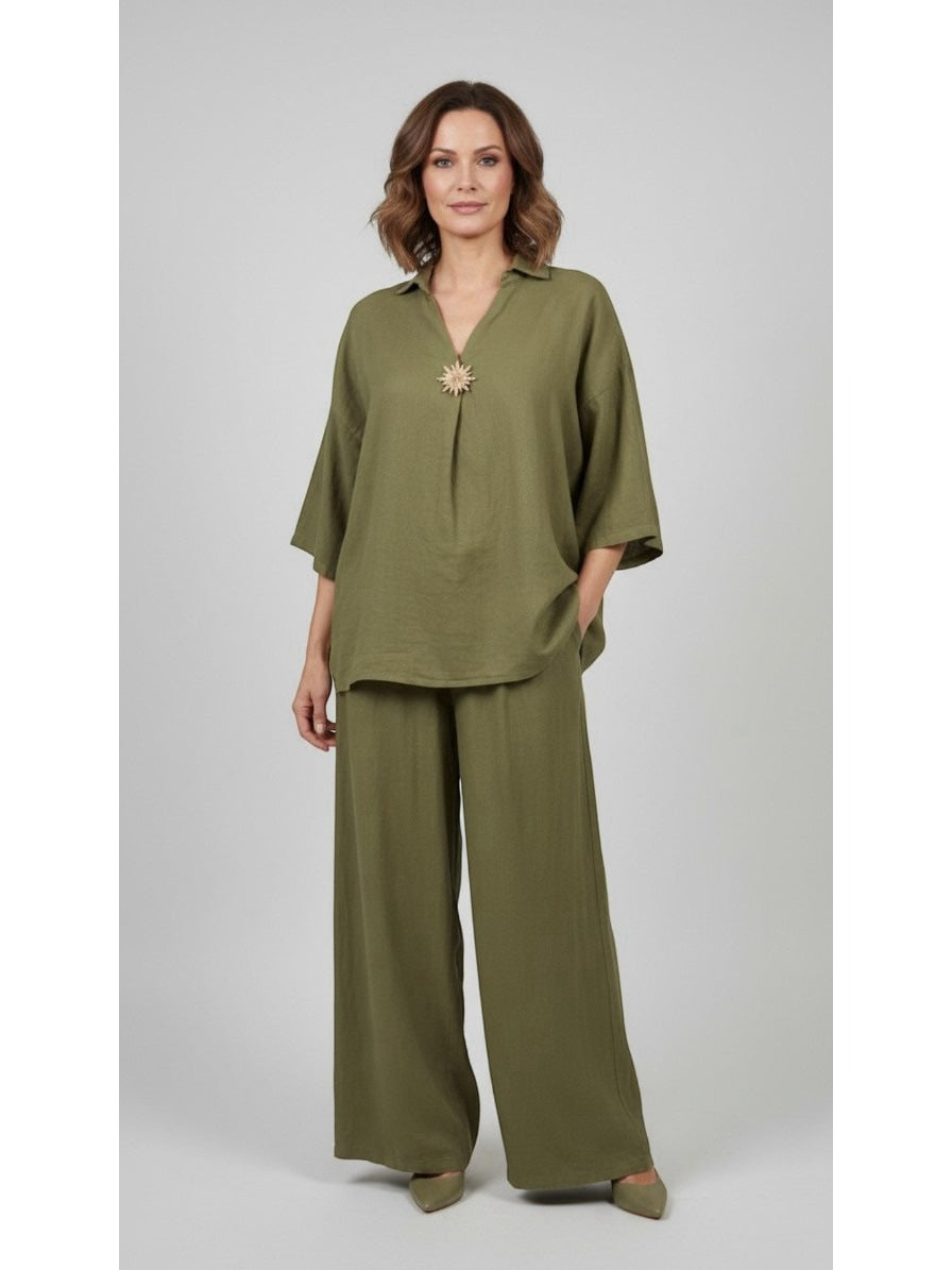 Wide-Leg Trouser Set with Embellished Collared Top - Green