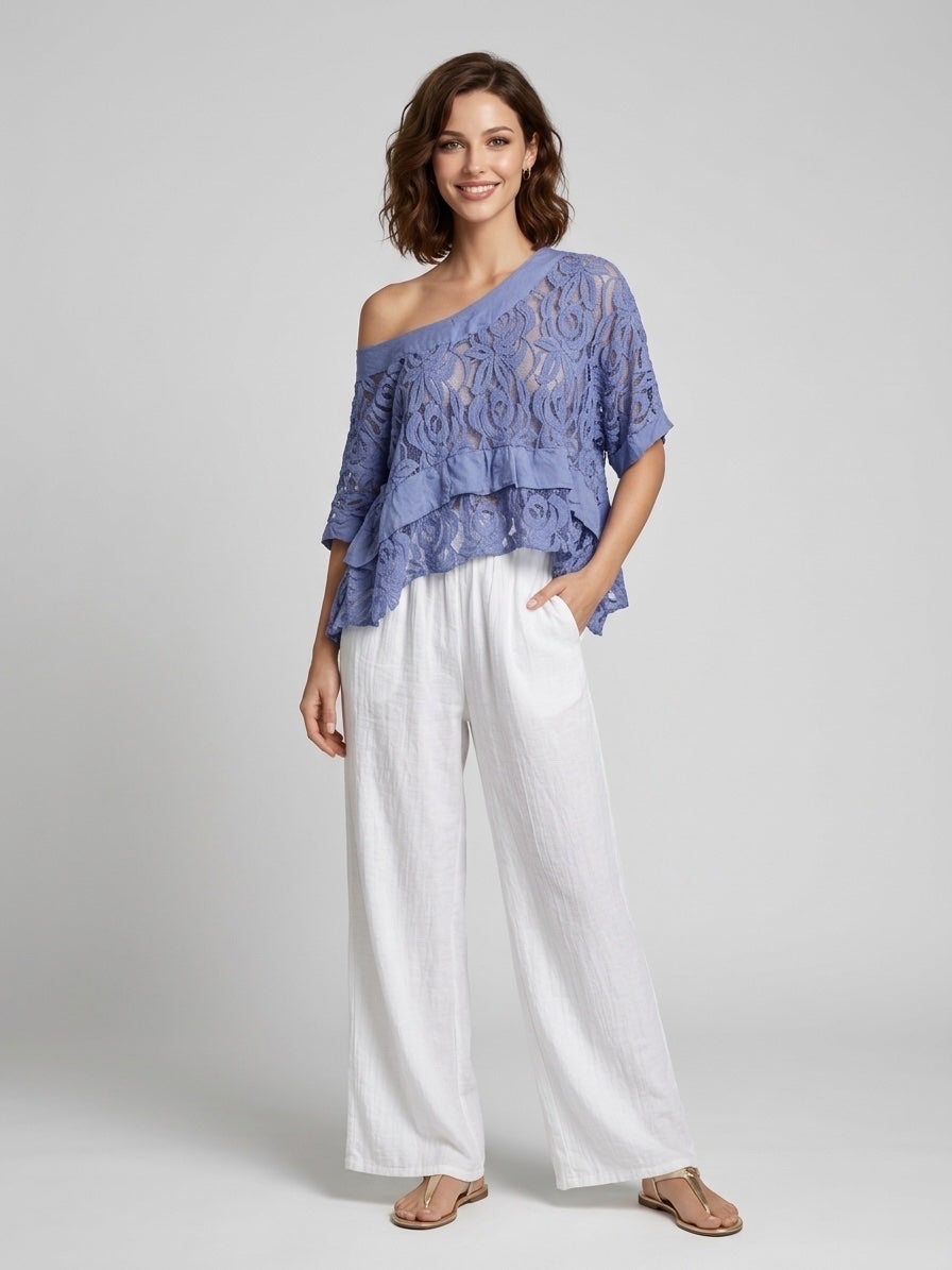 Embroidered Lace Tiered Top - Denim