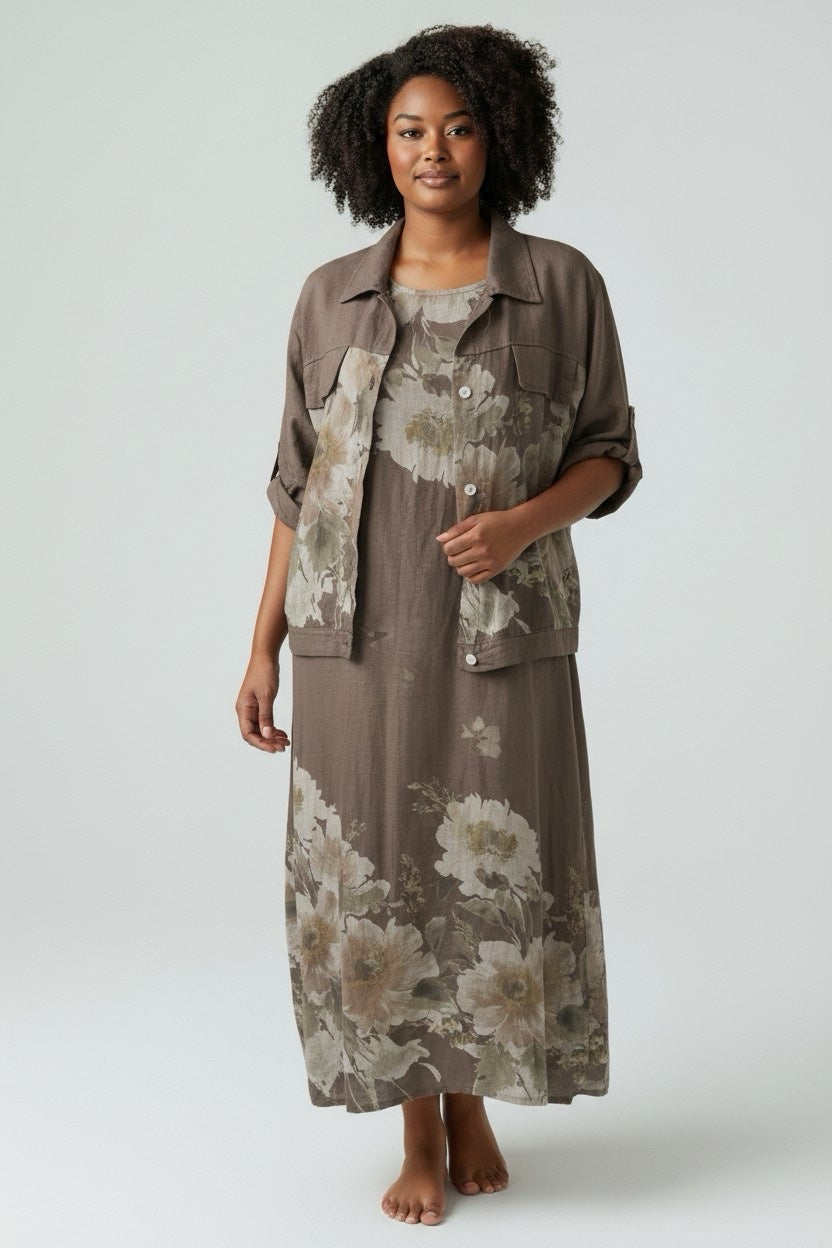 Floral Print Linen Dress and Jacket Set - Brown