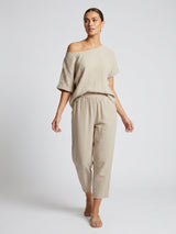 Textured Gauze Off-Shoulder Top and Cropped Pants Set - Beige