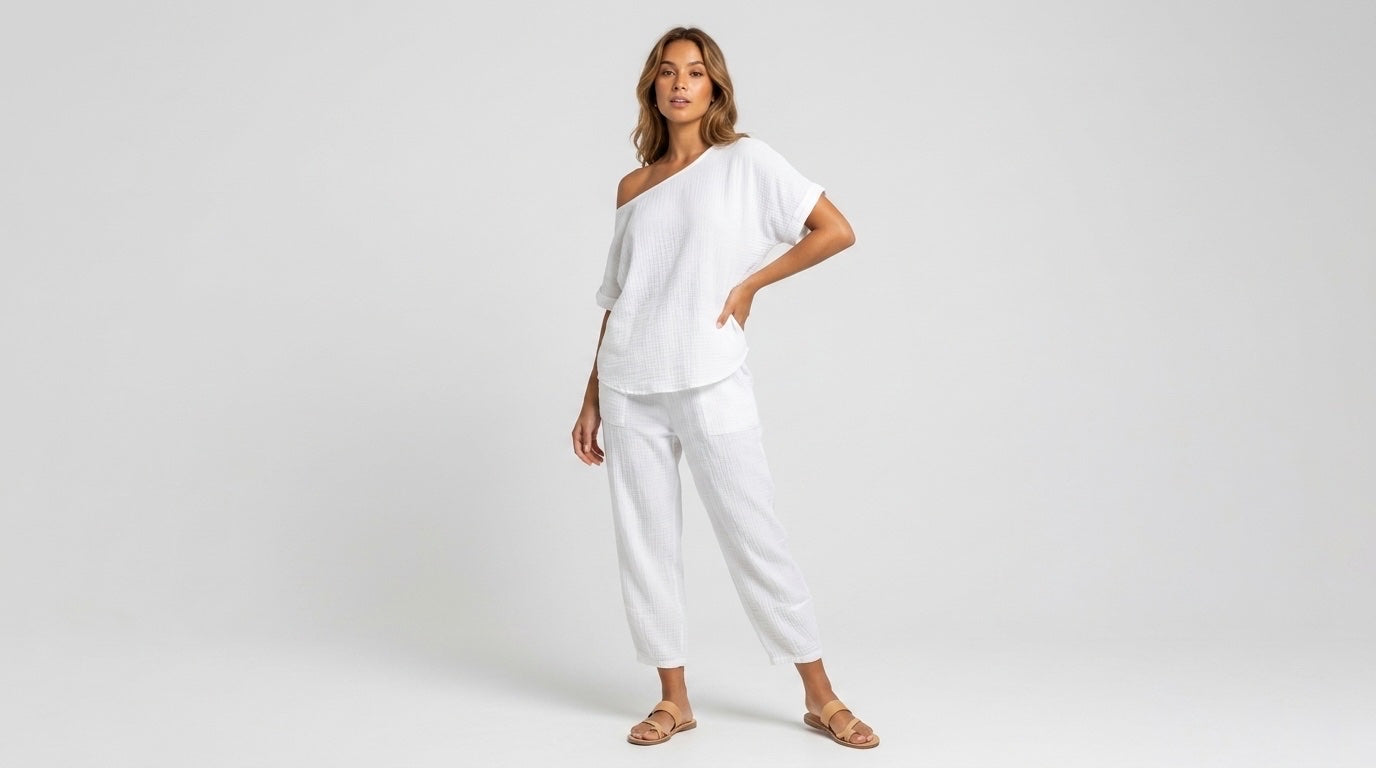Textured Gauze Off-Shoulder Top and Cropped Pants Set - White