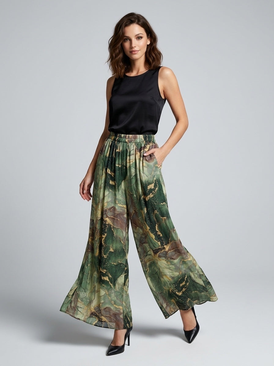 Artistic Marble Print Palazzo Trousers - Khaki
