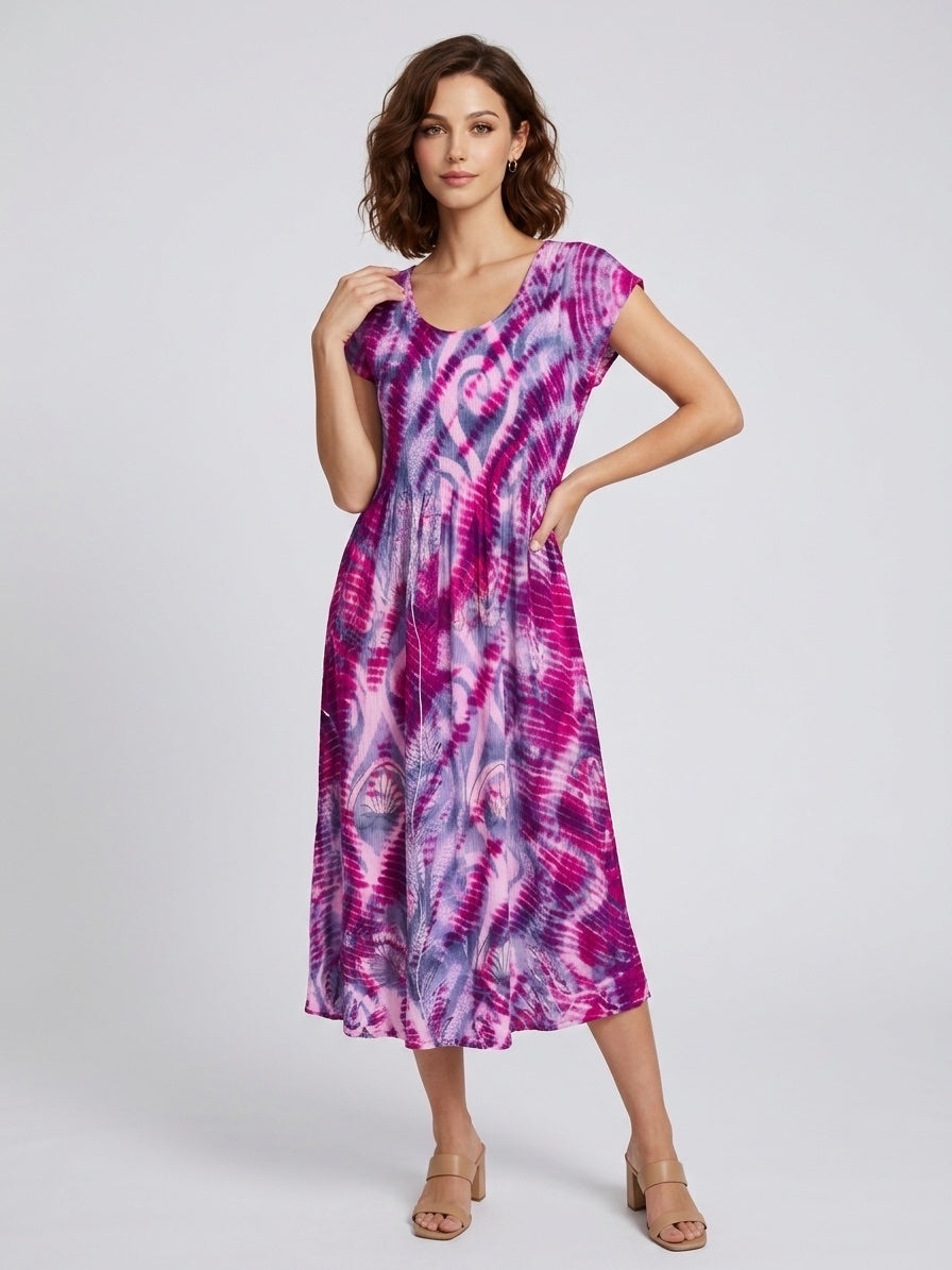 Tie-Dye Gathered Midi Dress - Fuchsia/Denim