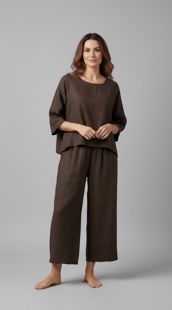 Wide-Leg Linen Set - Brown
