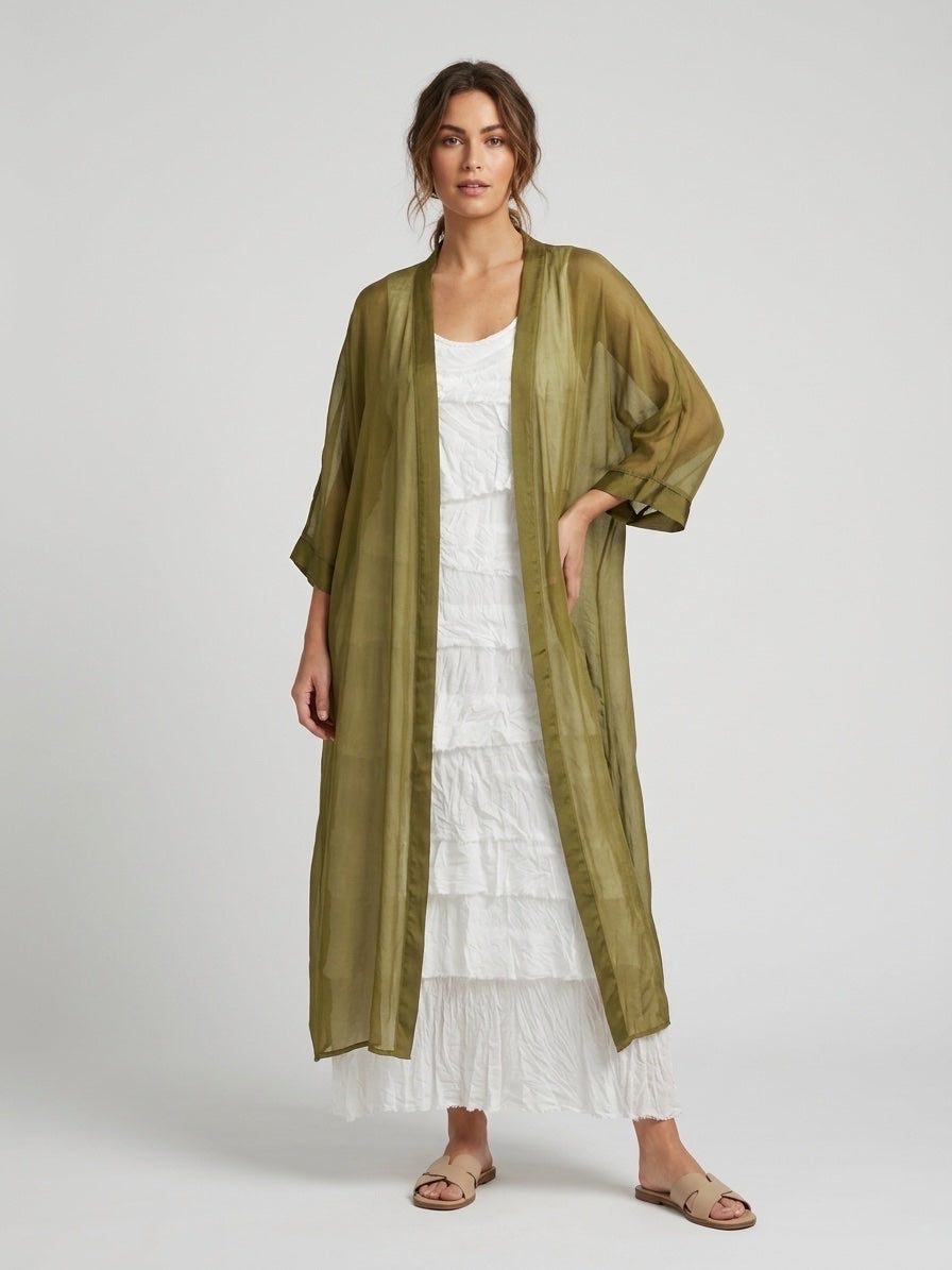 Maxi Sheer Silk Kimono Duster - Pistachio