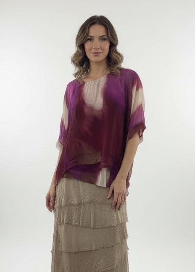 Abstract tie-dye Print Asymmetric Top - Magenta