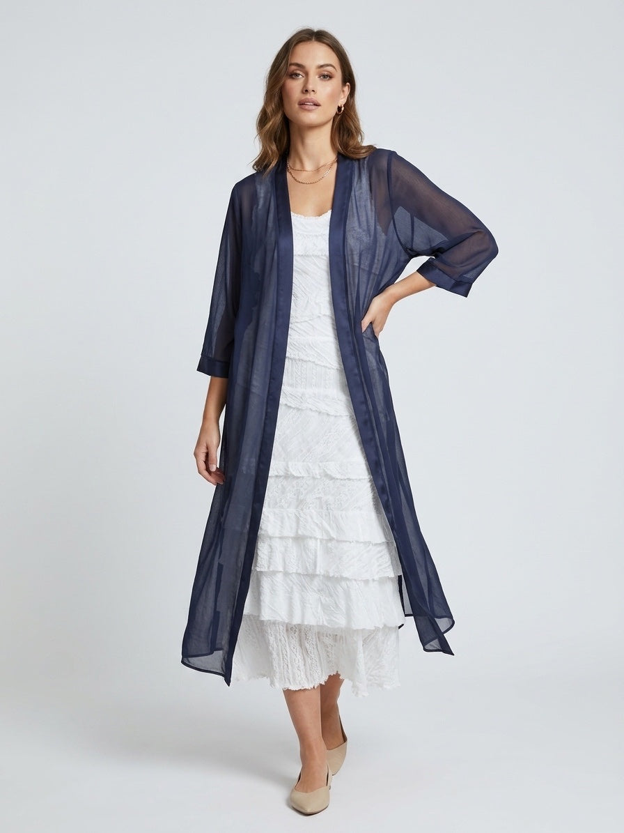 Maxi Sheer Silk Kimono Duster - Navy