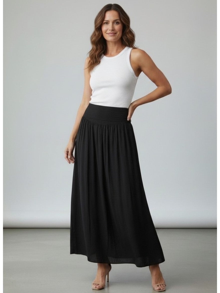 Smocked Waist Maxi Skirt - Black