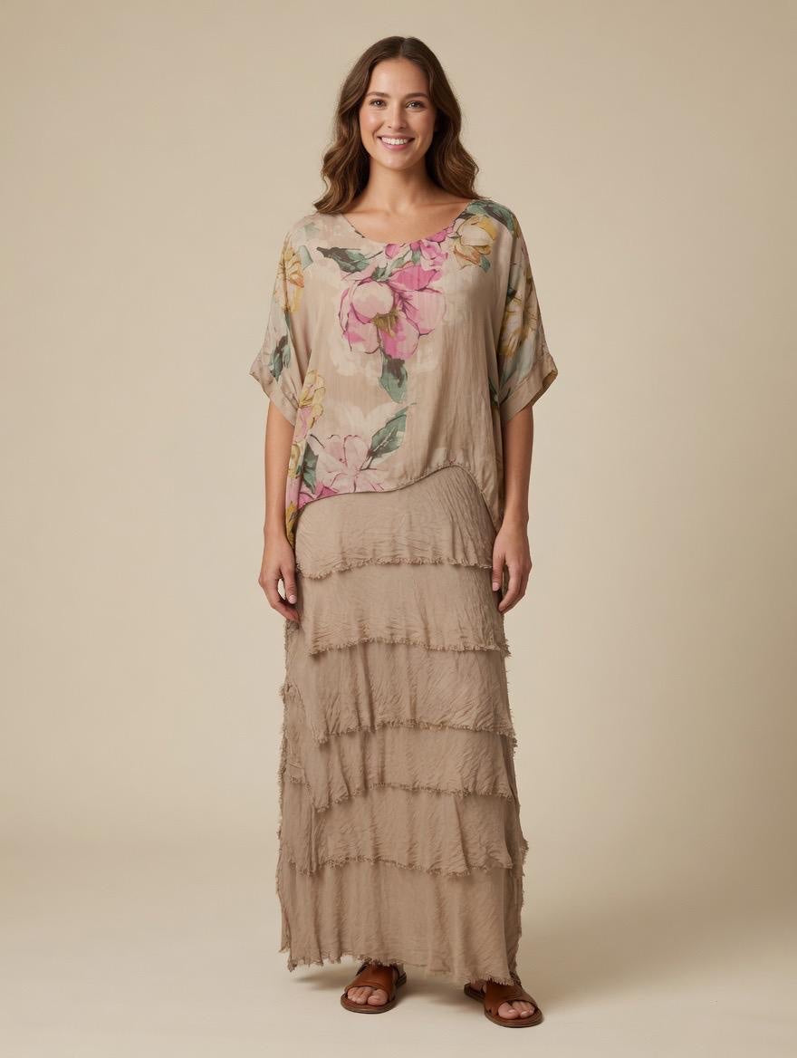 Floral Layered Shredded Maxi - Camel