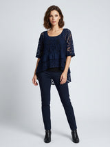 Embroidered Lace Tiered Top - Navy