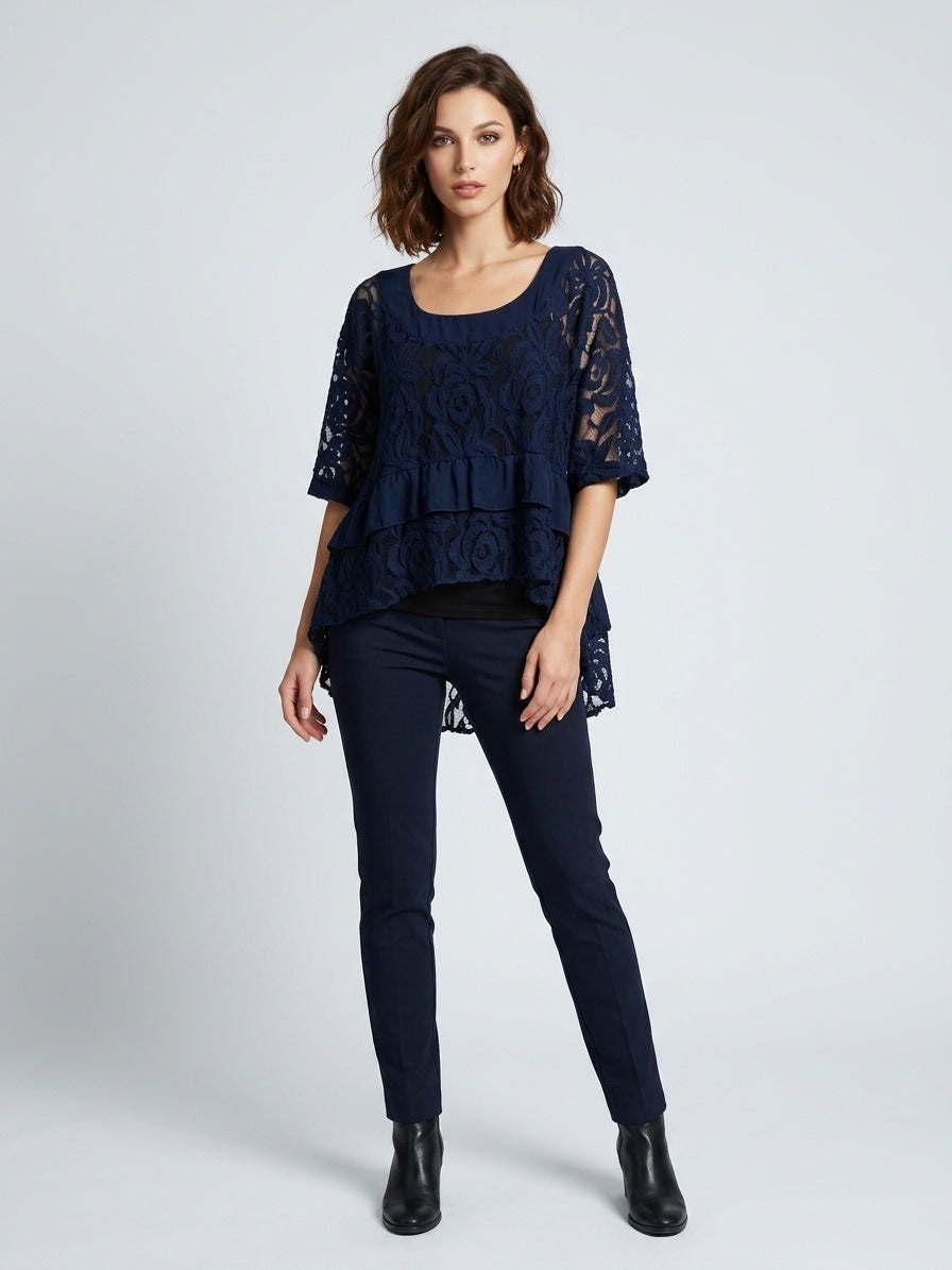 Embroidered Lace Tiered Top - Navy