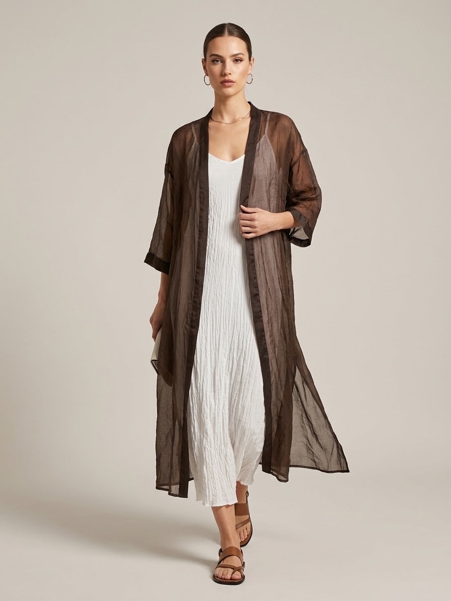 Maxi Sheer Silk Kimono Duster - Brown