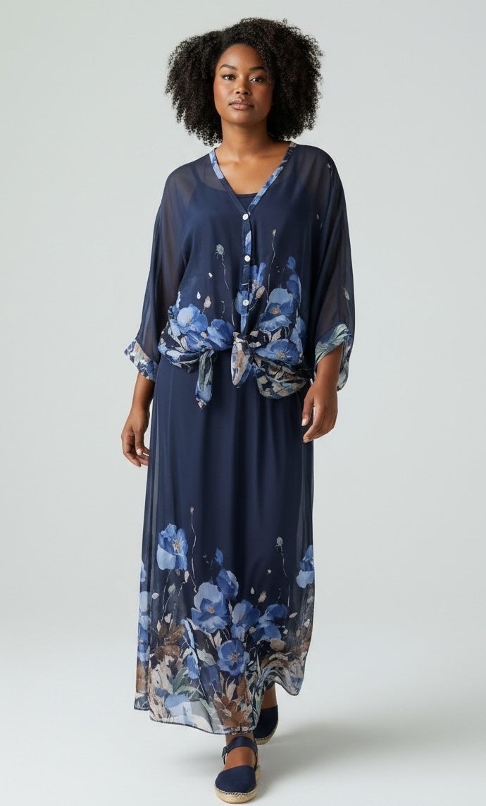 Floral Print Skirt Set - Navy