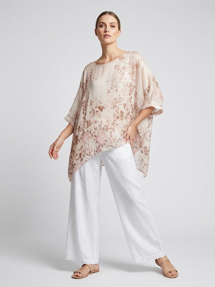 Floral Print Sheer Kaftan Top - Beige