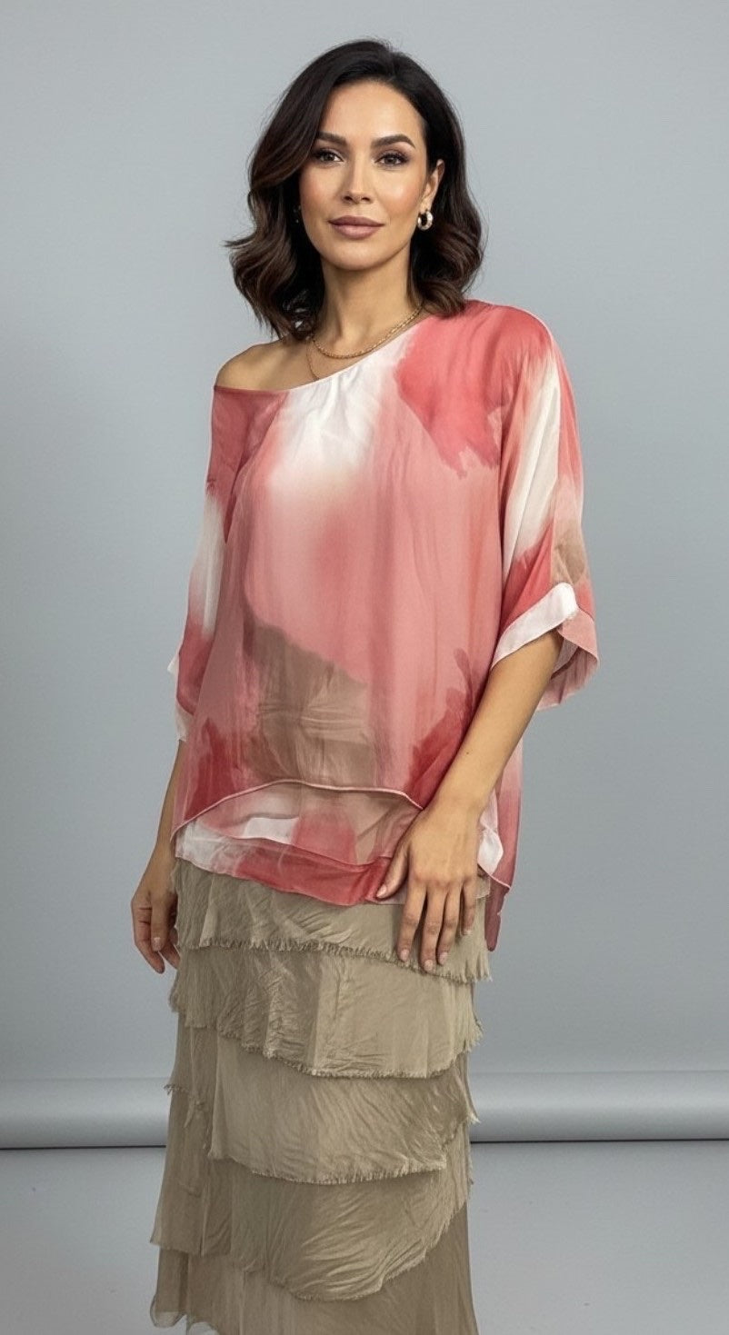 Abstract tie-dye Print Asymmetric Top - Coral