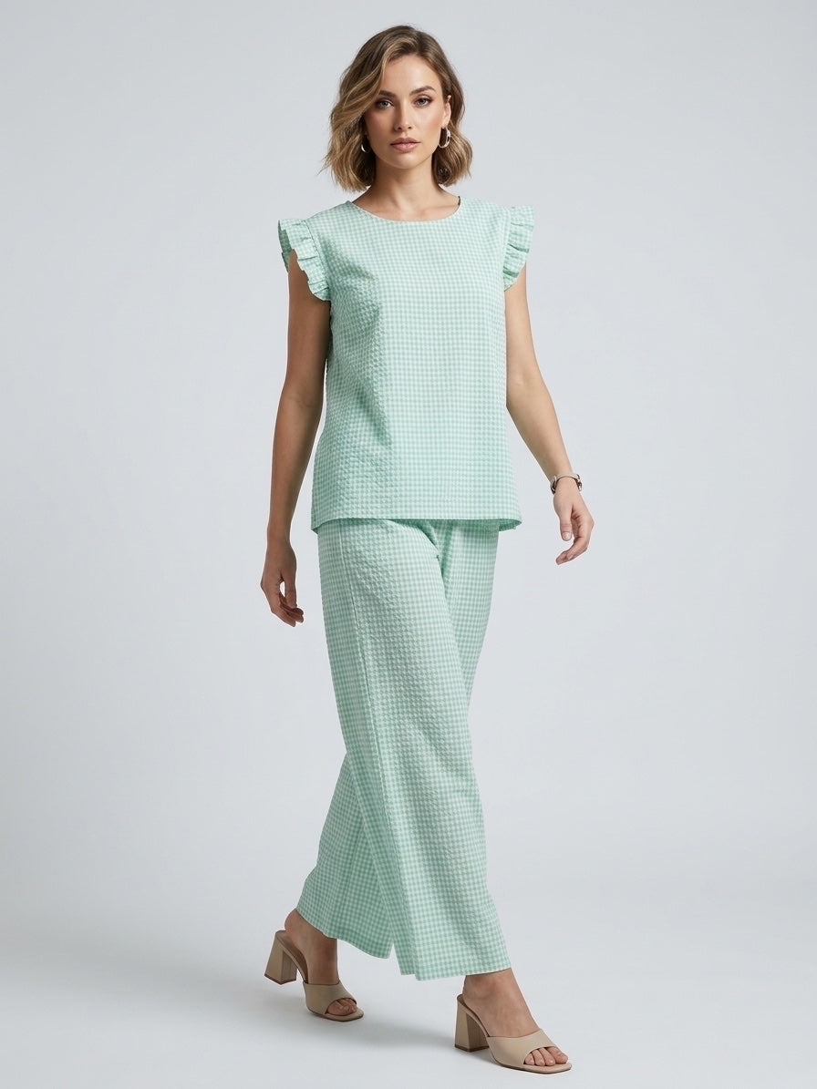 Gingham Ruffled Sleeve Set - Khaki